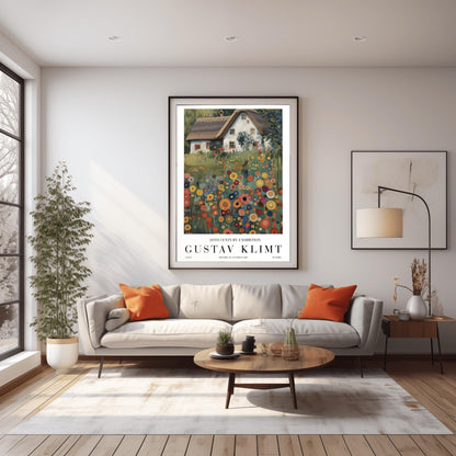 A vertical oil painting in the style of Gustav Klimt. A white-washed cottage with a brown thatched roof sits behind a dense field of colorful, circular wildflowers in shades of orange, red, blue, and yellow. The style features heavy, decorative textures and subtle golden highlights throughout the garden and roof.