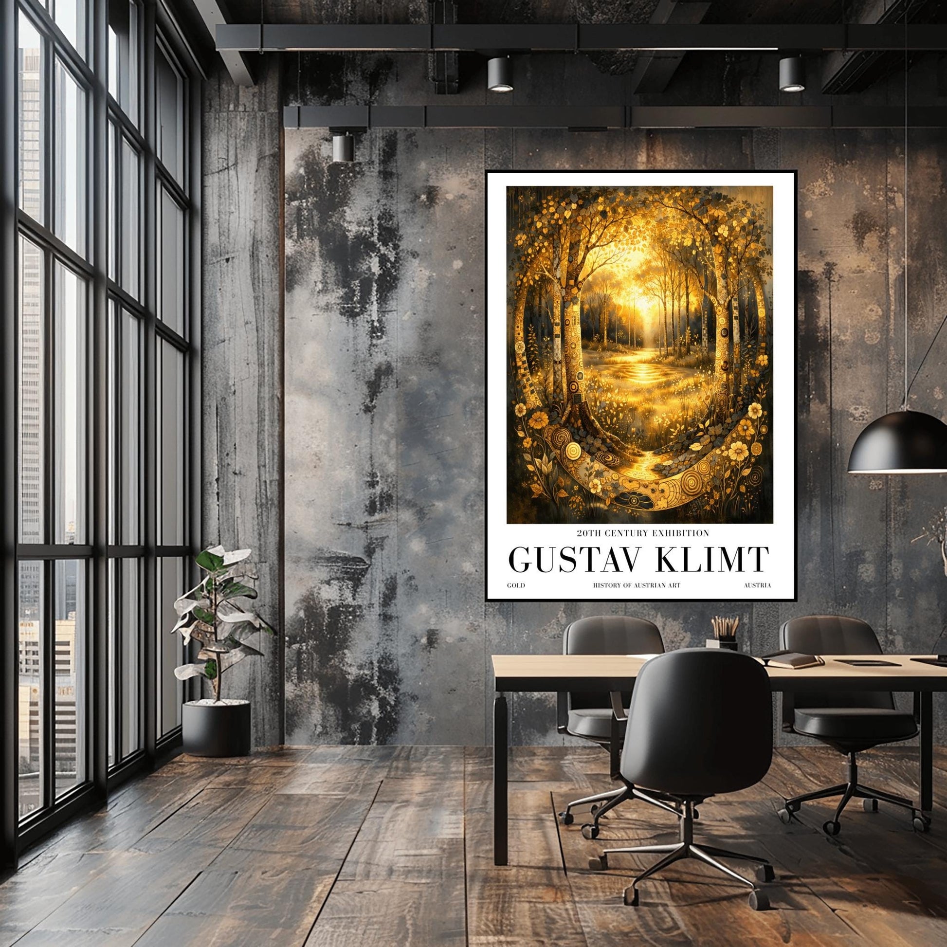 A vertical exhibition poster for Gustav Klimt featuring a golden forest. Two highly decorative trees with mosaic patterns frame a sunlit glade. A golden stream flows toward the viewer through shimmering flowers. Text at the bottom reads "Gustav Klimt, 20th Century Exhibition."