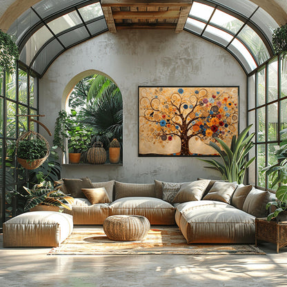 A horizontal fine art print in the style of Gustav Klimt. A large tree with dark branches that curl into golden spirals fills the frame. The tree is decorated with a variety of colorful blue, orange, and red flowers and small black birds. The background is a warm cream color with faint, swirling patterns.