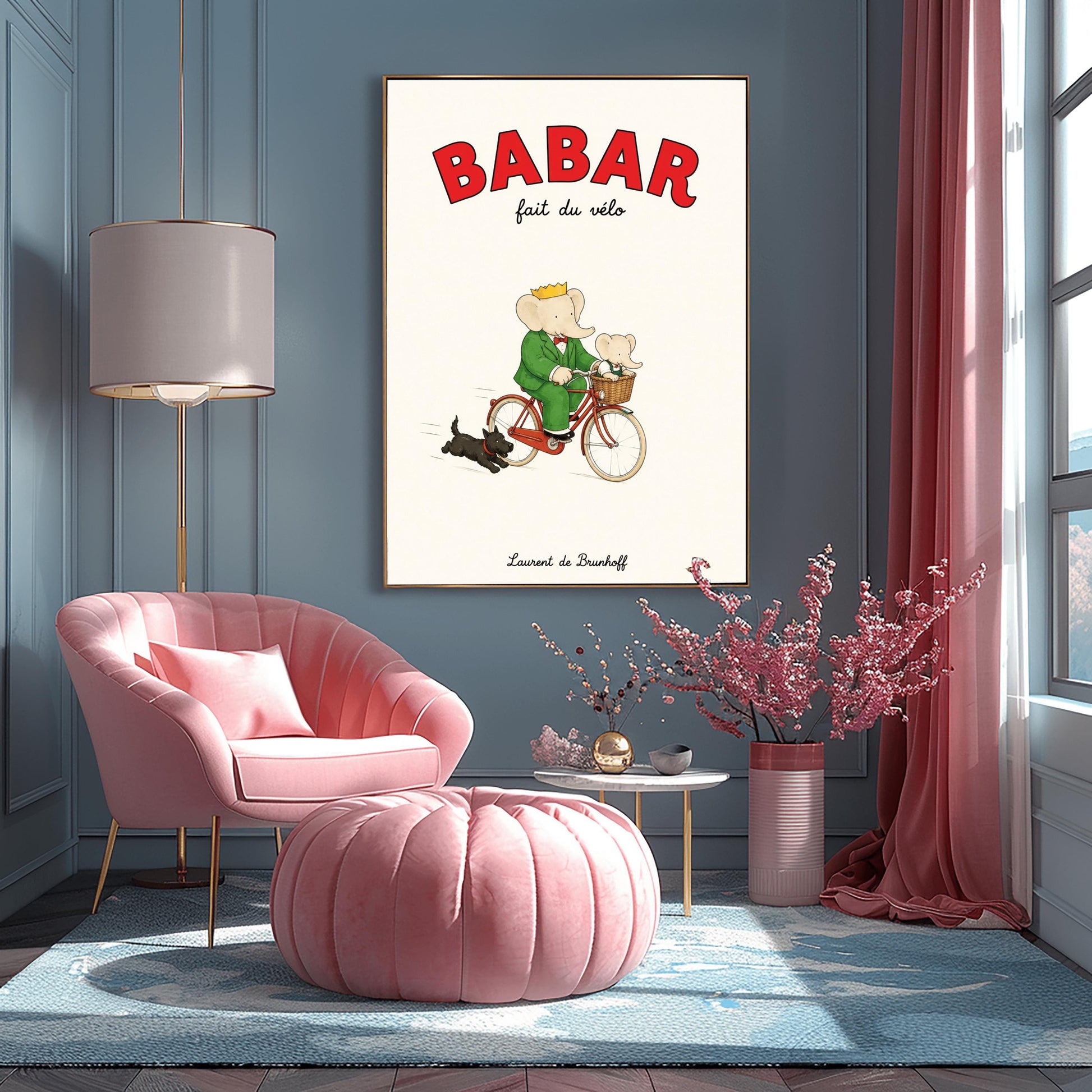 A vertical retro fine art exhibition poster titled "BABAR fait du vélo" on a wide cream border. The top "BABAR" text is printed in a bold red font. The illustration shows an elephant wearing a crown and green suit riding a vintage red bicycle. A smaller baby elephant is sitting inside a brown wicker basket on the handlebars, and a small black dog runs along beside the bike. The name "Laurent de Brunhoff" anchors the bottom.