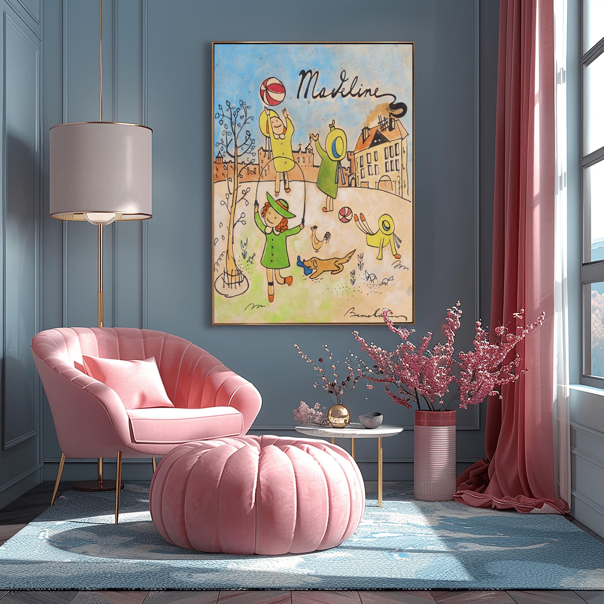 A vertical fine art exhibition poster featuring a vintage book cover style illustration of Madeline by Ludwig Bemelmans, set against a wide white gallery border. On a warm, aged parchment background with a blue sky, children in yellow hats are shown jumping rope, throwing a ball, and doing a handstand alongside a small dog. The name "Madeline" is written in elegant black script at the top.