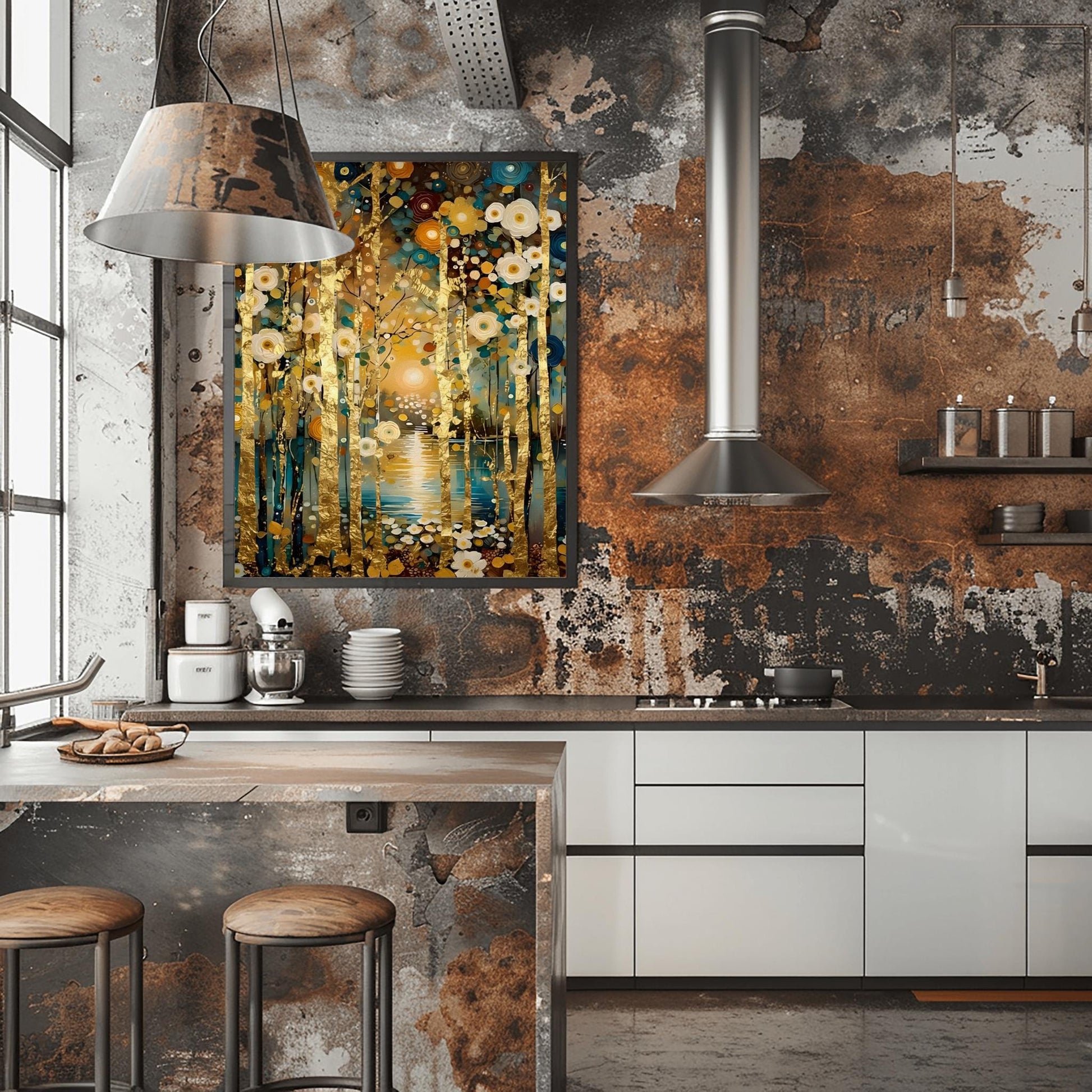 A vertical landscape painting in the style of Gustav Klimt. Slender birch tree trunks with gold-leaf textures stand in a dense forest. The ground is covered in stylized, mosaic-like circular flowers in cream, gold, and teal. In the background, a glowing sun reflects on a dark blue lake. The overall style is rich in texture with heavy impasto brushstrokes and a deep, opulent color palette.