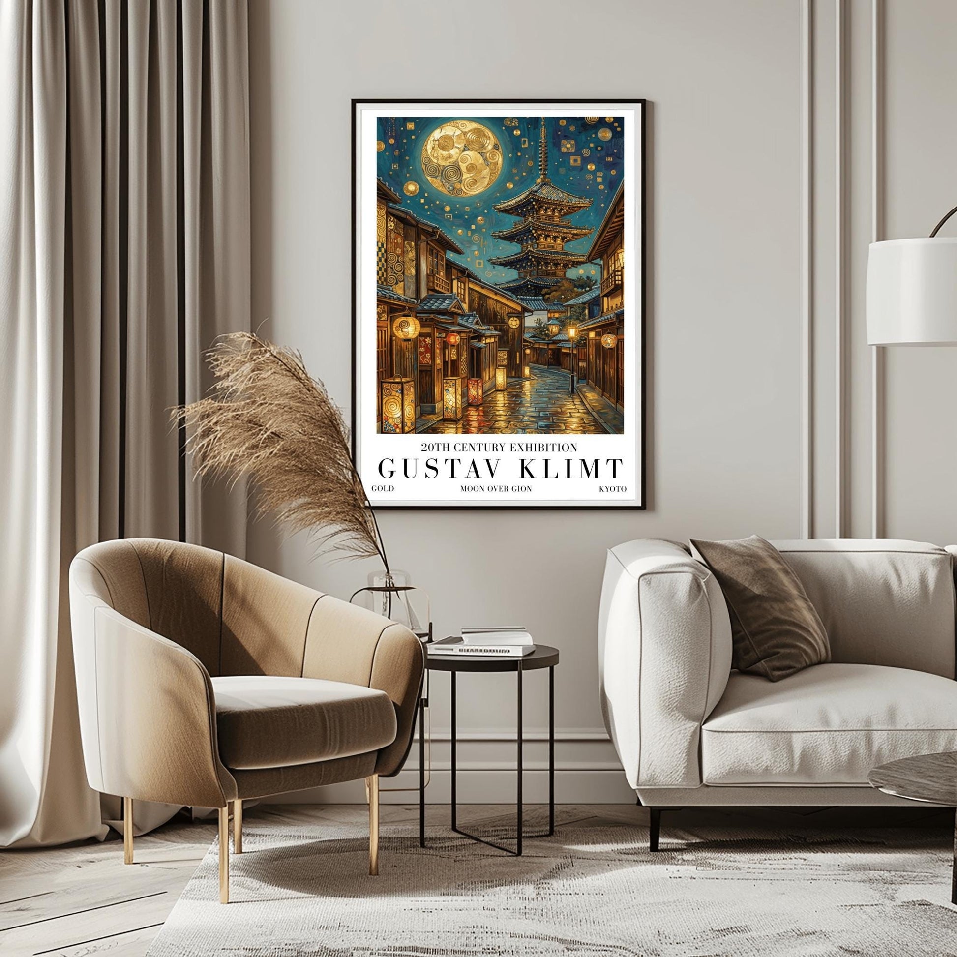 A vertical museum exhibition poster in the style of Gustav Klimt. A historic Japanese street in Gion, Kyoto, features a five-story pagoda and glowing lanterns at night. A massive golden moon with mosaic patterns fills the top of the sky. Bold black text at the bottom reads "GUSTAV KLIMT" and "MOON OVER GION."
