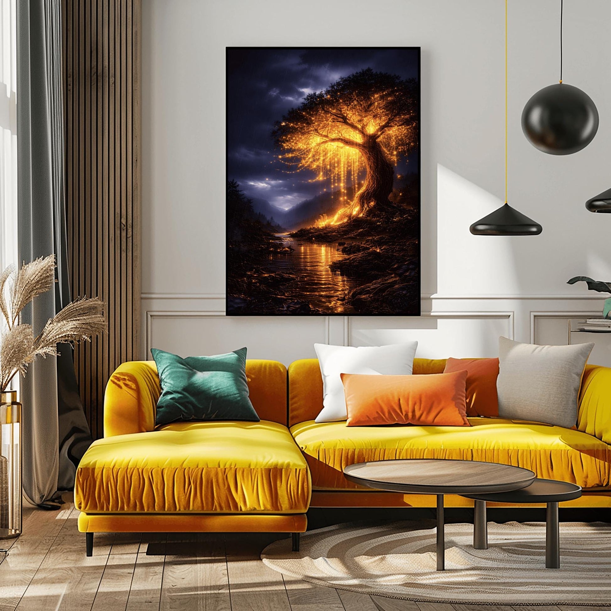 A vertical full-bleed illustration of a large weeping willow tree glowing with golden light in a stormy mountain valley. The tree stands by a dark river reflecting its gold light. The background features dark, rainy mountains and a moody indigo sky in the style of Gustav Klimt.