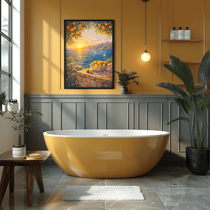 A vertical painterly illustration of a Mediterranean sunset. A low sun shines over a blue sea with sailboats, casting a golden reflection. In the foreground, a bowl of oranges sits on a stone wall. Orange tree branches frame the top of the scene.