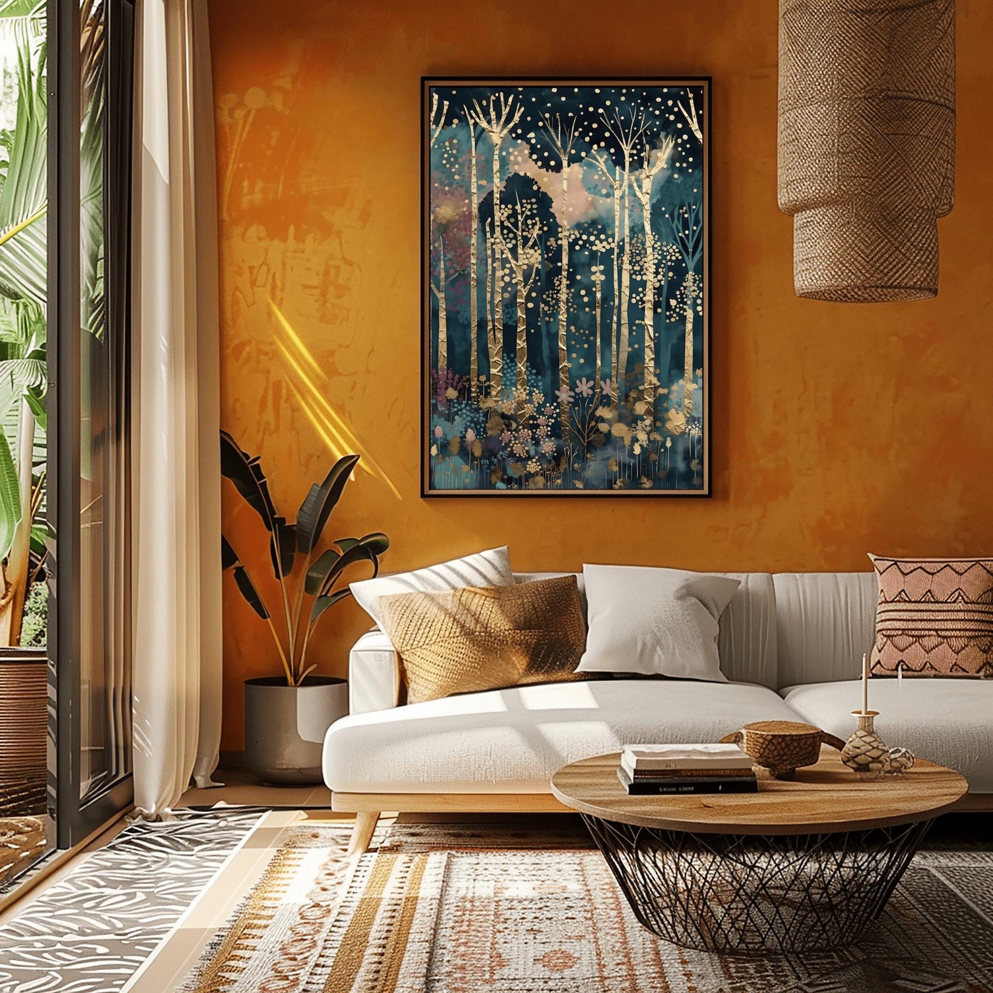 A vertical fine art painting in the style of Gustav Klimt. Tall, slender birch trees with heavy gold-leaf textures and dark geometric patterns rise against a dark teal and navy midnight sky. The sky is filled with floating golden orbs and stardust. At the bottom, a delicate layer of pink and blue stylized flowers grows among the roots. The overall mood is quiet, luxurious, and magical.