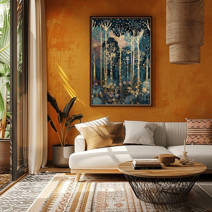 A vertical fine art painting in the style of Gustav Klimt. Tall, slender birch trees with heavy gold-leaf textures and dark geometric patterns rise against a dark teal and navy midnight sky. The sky is filled with floating golden orbs and stardust. At the bottom, a delicate layer of pink and blue stylized flowers grows among the roots. The overall mood is quiet, luxurious, and magical.