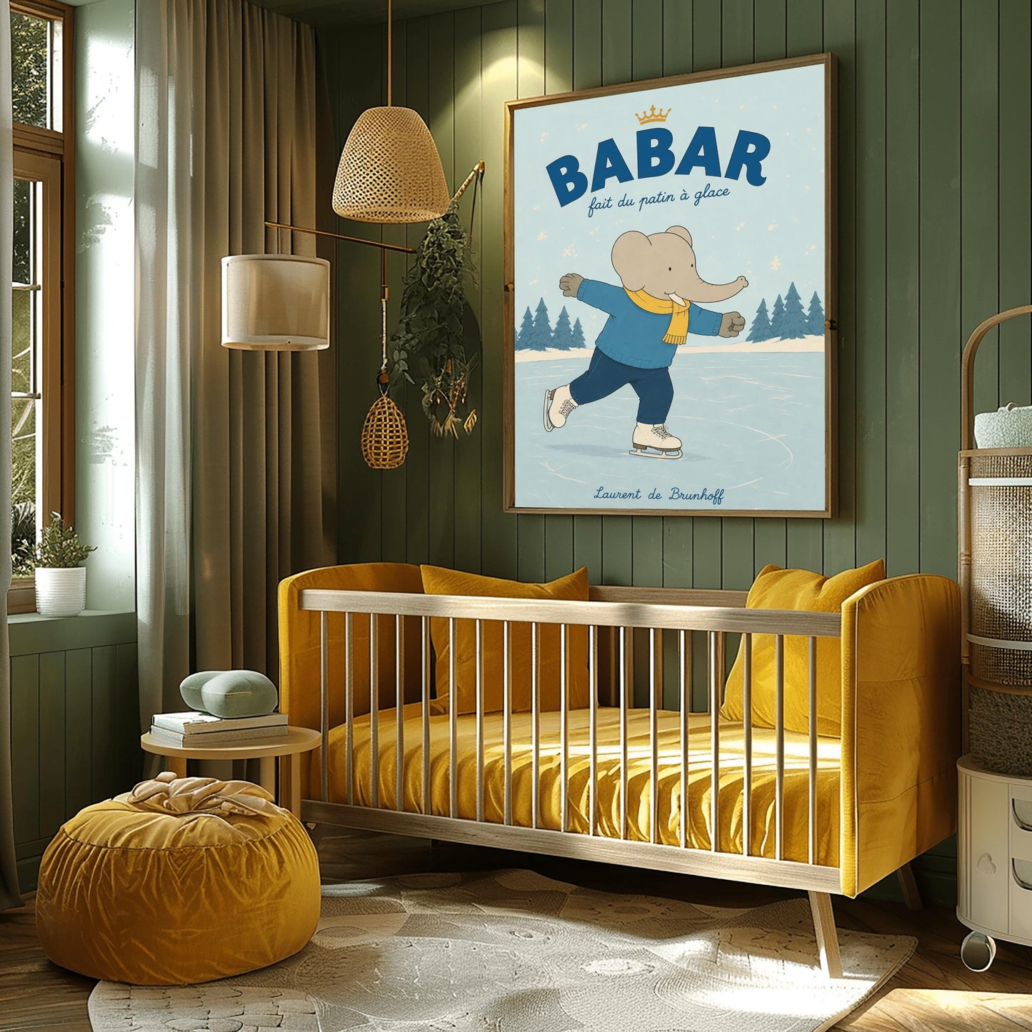 A vertical storybook-style art print featuring Babar the Elephant ice skating on a frozen pond. Babar is wearing a blue sweater, dark pants, a yellow scarf, and white ice skates. He is shown mid-stride with one leg lifted. The background consists of snowy pine trees under a light blue sky with falling snowflakes. The top of the print reads "BABAR fait du patin à glace" with a small gold crown.