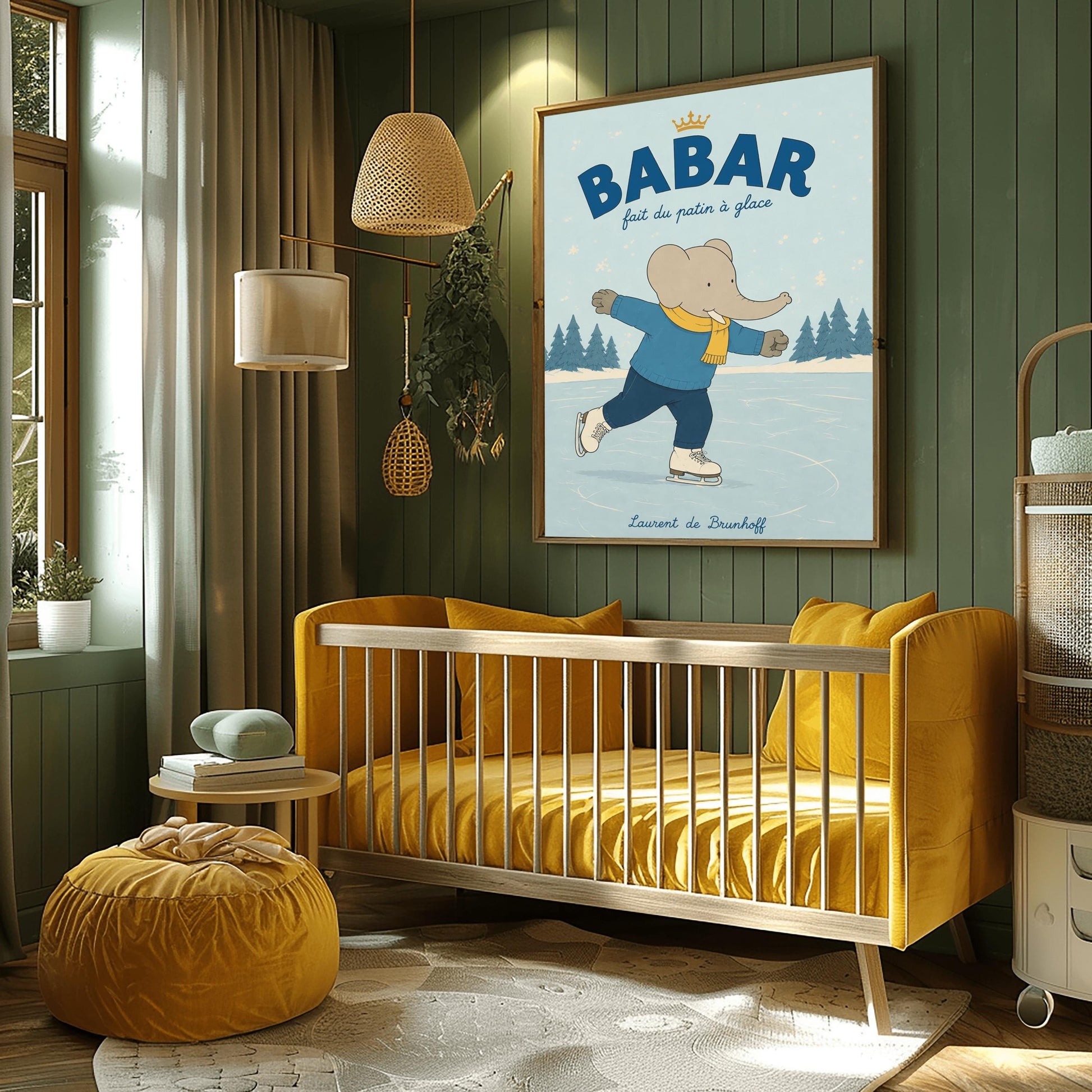 A vertical storybook-style art print featuring Babar the Elephant ice skating on a frozen pond. Babar is wearing a blue sweater, dark pants, a yellow scarf, and white ice skates. He is shown mid-stride with one leg lifted. The background consists of snowy pine trees under a light blue sky with falling snowflakes. The top of the print reads "BABAR fait du patin à glace" with a small gold crown.