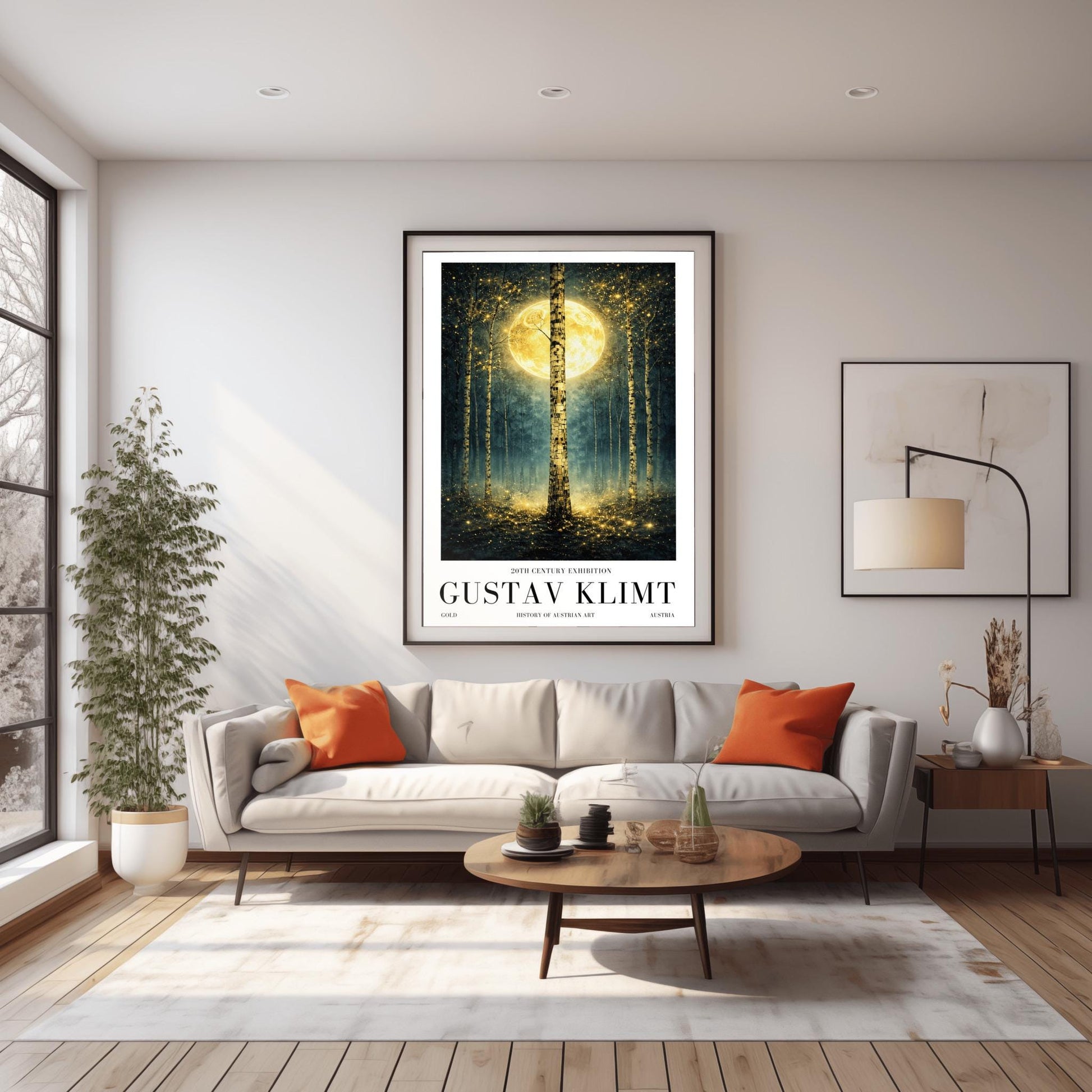 A vertical Art Nouveau-style illustration of a birch forest at night. A large golden moon hangs behind a central birch tree. The forest is filled with teal mist and shimmering golden stardust. The trees have intricate, mosaic-like textures on their bark.