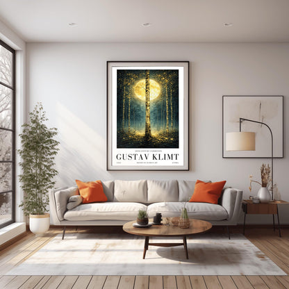 A vertical Art Nouveau-style illustration of a birch forest at night. A large golden moon hangs behind a central birch tree. The forest is filled with teal mist and shimmering golden stardust. The trees have intricate, mosaic-like textures on their bark.