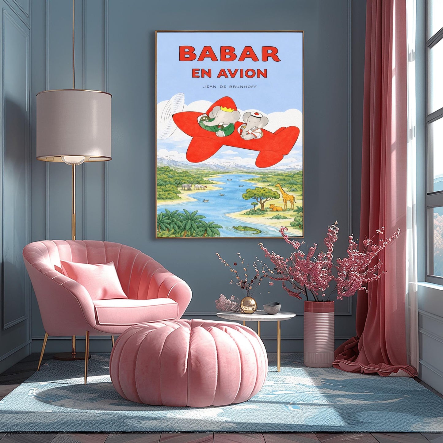 A vertical children's illustration poster titled "BABAR EN AVION" in large red letters. At the center is a bright red propeller plane flying through a blue sky with white clouds. King Babar, in a green suit and crown, and Queen Celeste, in a white sailor-style hat, are sitting in the cockpits. Below them is a winding blue river and a green savanna with a giraffe, a lion, a hippopotamus, and palm trees. The name "Jean de Brunhoff" is at the top.