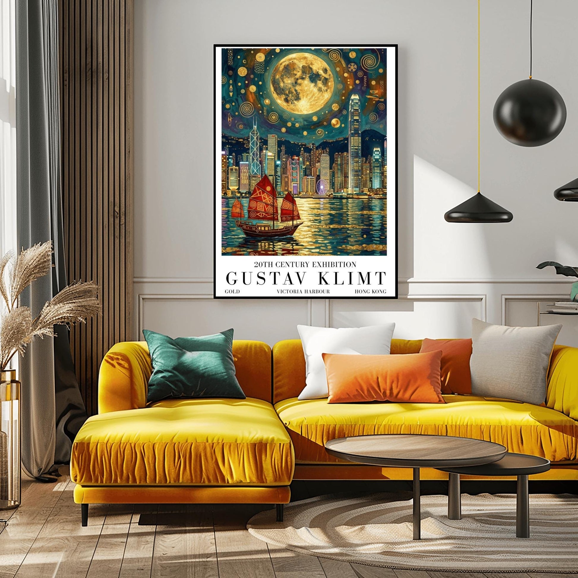 A vertical museum exhibition poster in the style of Gustav Klimt. A traditional red junk boat with golden patterns sails in front of the Hong Kong skyline at night. A massive golden moon with mosaic patterns fills the top of the sky. Bold black text at the bottom reads "GUSTAV KLIMT" and "VICTORIA HARBOUR."