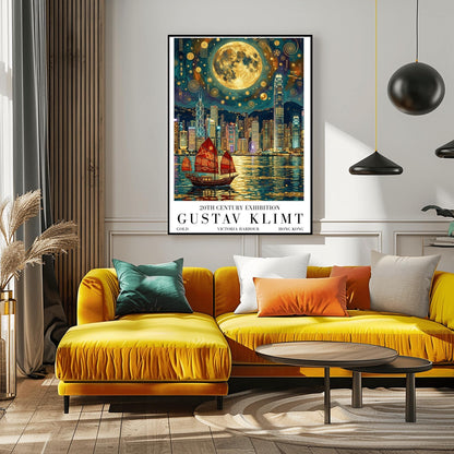 A vertical museum exhibition poster in the style of Gustav Klimt. A traditional red junk boat with golden patterns sails in front of the Hong Kong skyline at night. A massive golden moon with mosaic patterns fills the top of the sky. Bold black text at the bottom reads "GUSTAV KLIMT" and "VICTORIA HARBOUR."