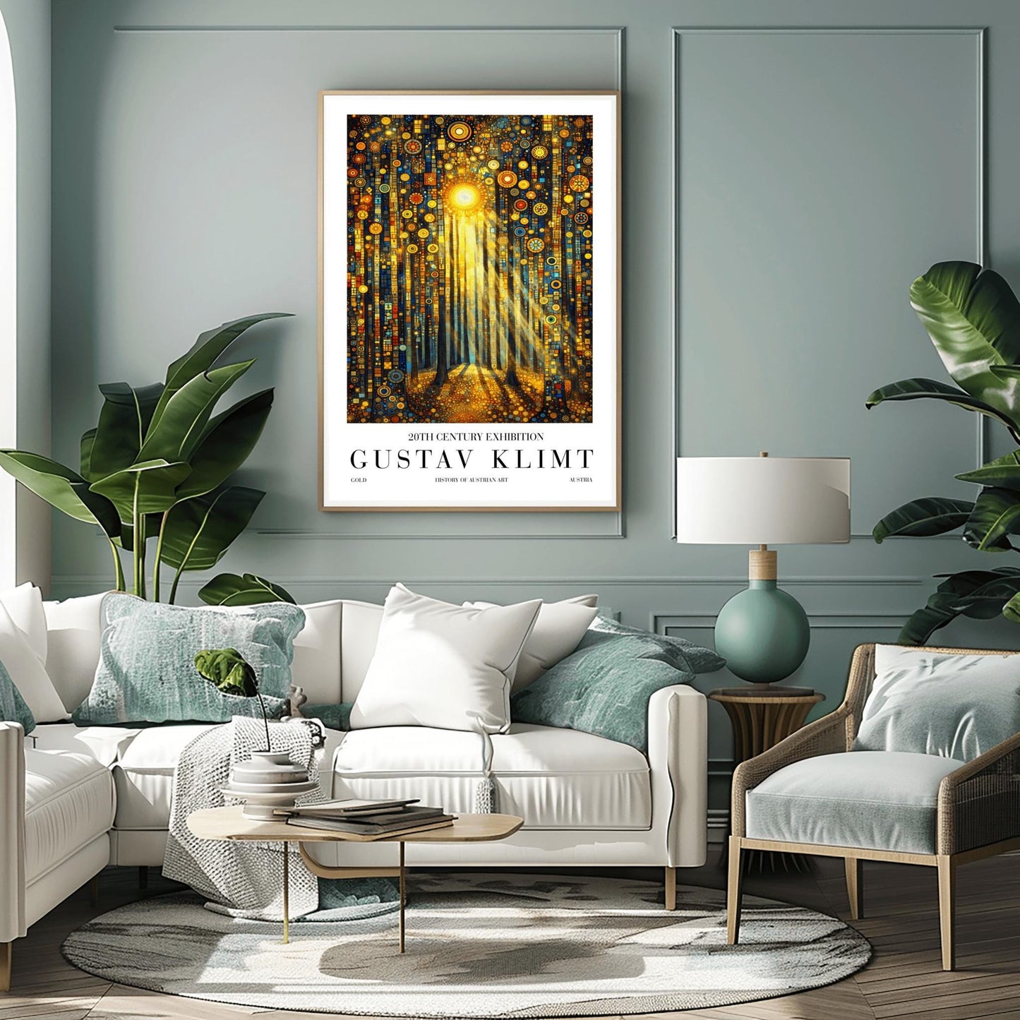 A vertical museum exhibition poster in the style of Gustav Klimt. Dark, slender tree trunks stand in a forest where the sky and ground are made of dense gold and blue mosaic circles. A bright sun in the upper center casts long, sharp pillars of light down to the forest floor. Bold black text at the bottom reads "GUSTAV KLIMT" and "HISTORY OF AUSTRIAN ART."