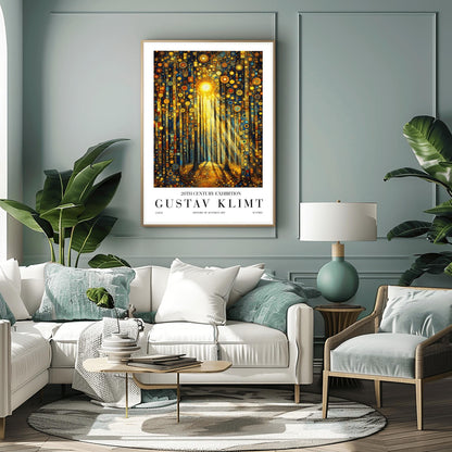 A vertical museum exhibition poster in the style of Gustav Klimt. Dark, slender tree trunks stand in a forest where the sky and ground are made of dense gold and blue mosaic circles. A bright sun in the upper center casts long, sharp pillars of light down to the forest floor. Bold black text at the bottom reads "GUSTAV KLIMT" and "HISTORY OF AUSTRIAN ART."