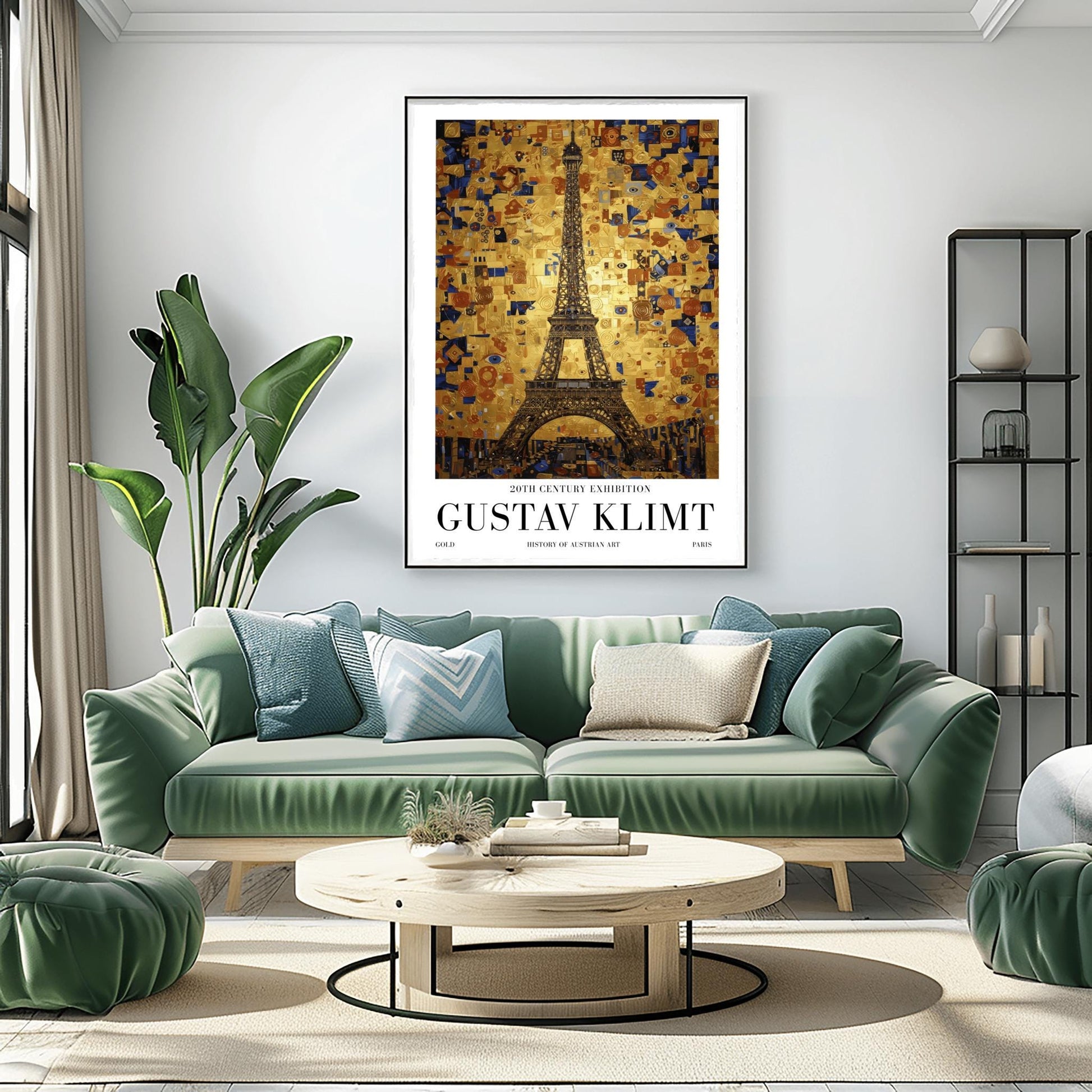 A vertical museum exhibition poster in the style of Gustav Klimt. The Eiffel Tower in Paris is rendered in a dark structural style against a sky made of a dense golden mosaic of squares, tiles, and blue "eye" symbols. Bold black text at the bottom reads "GUSTAV KLIMT" and "PARIS."