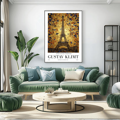 A vertical museum exhibition poster in the style of Gustav Klimt. The Eiffel Tower in Paris is rendered in a dark structural style against a sky made of a dense golden mosaic of squares, tiles, and blue "eye" symbols. Bold black text at the bottom reads "GUSTAV KLIMT" and "PARIS."