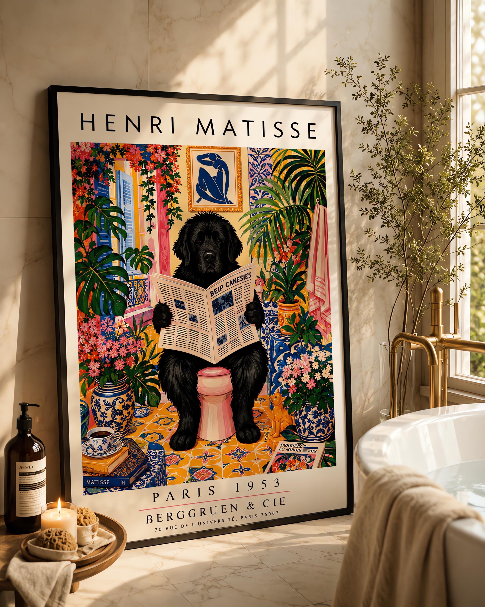 A vertical vintage-style art exhibition poster titled "HENRI MATISSE" at the top and "PARIS 1953 BERGGRUEN & CIE" at the bottom. The main image shows a large, fluffy black Newfoundland dog sitting on a pink toilet in a highly decorated bathroom, reading a newspaper. The room is filled with yellow pattern tiles, blue-and-white wallpaper, a blue Matisse cutout art frame on the wall, multiple large green houseplants, and vases filled with colorful pink flowers.