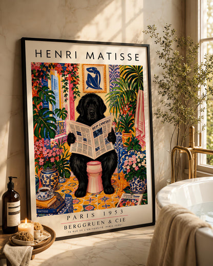 A vertical vintage-style art exhibition poster titled "HENRI MATISSE" at the top and "PARIS 1953 BERGGRUEN & CIE" at the bottom. The main image shows a large, fluffy black Newfoundland dog sitting on a pink toilet in a highly decorated bathroom, reading a newspaper. The room is filled with yellow pattern tiles, blue-and-white wallpaper, a blue Matisse cutout art frame on the wall, multiple large green houseplants, and vases filled with colorful pink flowers.