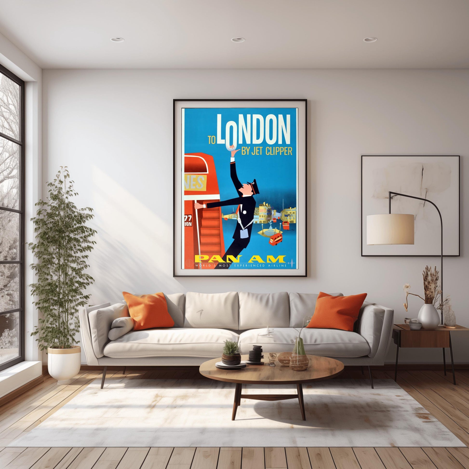 A vertical vintage travel poster with a blue background. At the top, the words "TO LONDON BY JET CLIPPER" are written in white and yellow font. A graphic illustration shows a bus conductor in a black uniform swinging off a large red double-decker bus on the left, reaching his arm up to hold the letter O in "LONDON". The lower background features stylized yellow and blue buildings of Piccadilly Circus with small red buses. The bottom features yellow "PAN AM" branding.