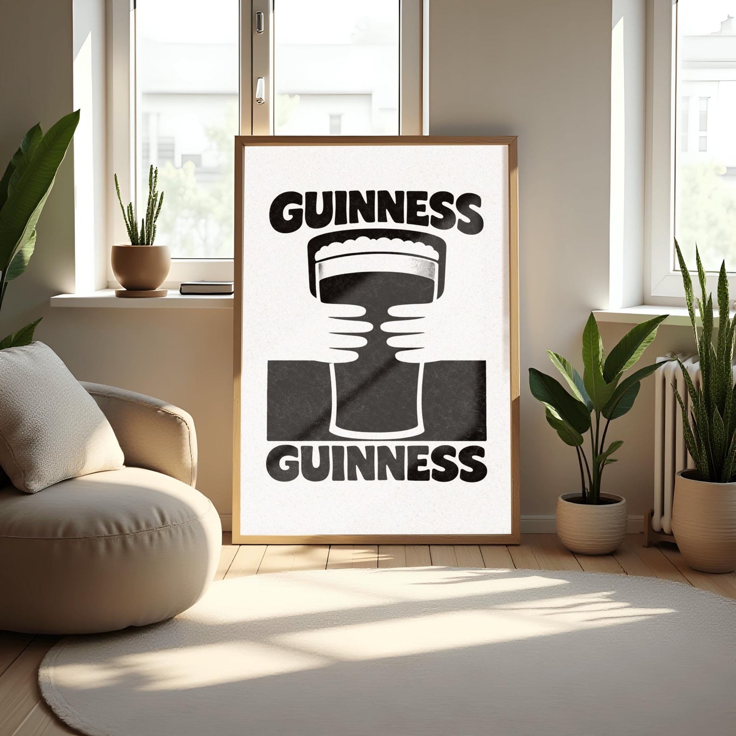 A vertical black and white minimalist graphic. Two white hands hold a central pint of Guinness from both sides. The word "GUINNESS" appears in bold black text both at the top and the bottom of the cream-colored background.
