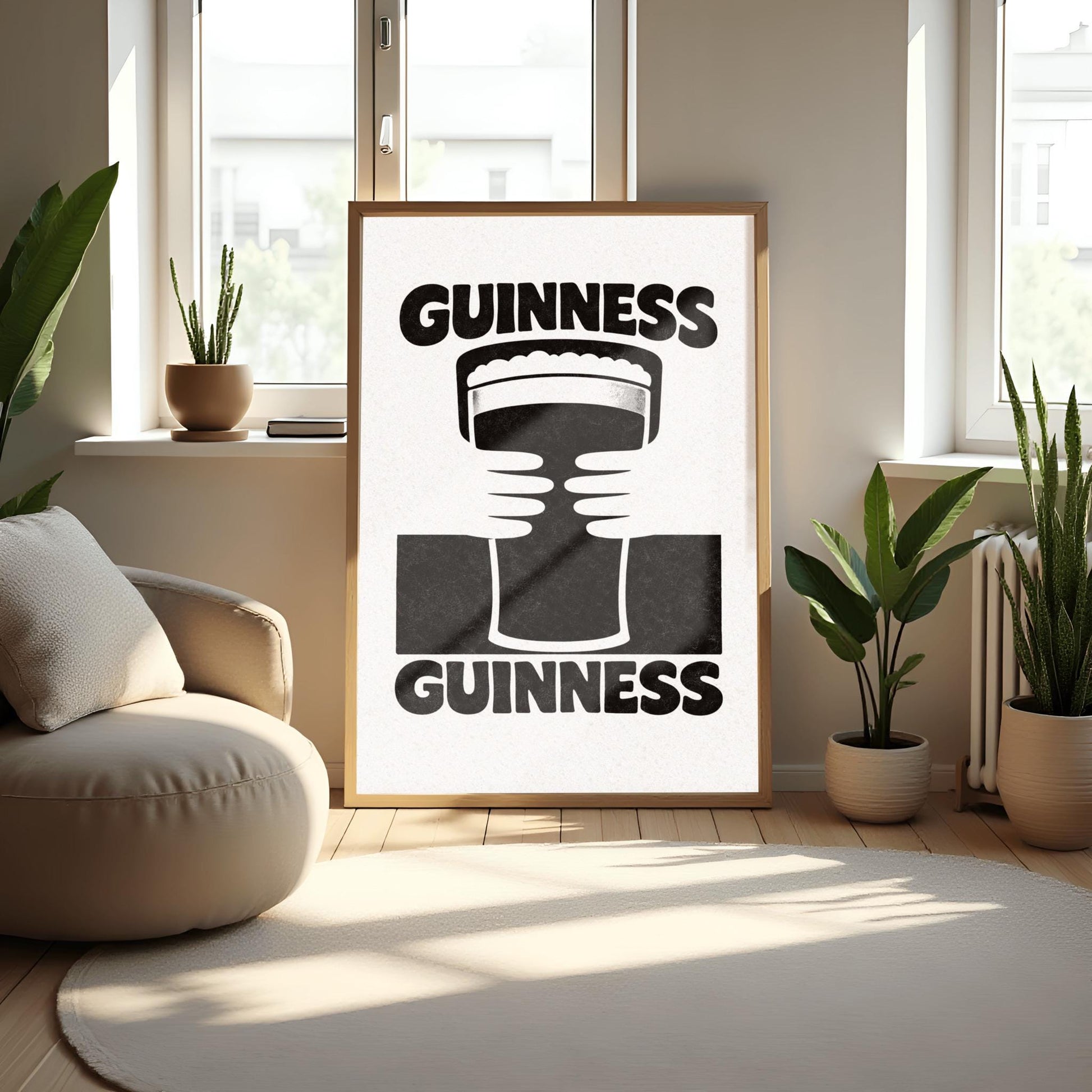 A vertical black and white minimalist graphic. Two white hands hold a central pint of Guinness from both sides. The word "GUINNESS" appears in bold black text both at the top and the bottom of the cream-colored background.