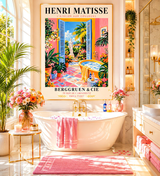 A vertical minimalist fine art exhibition poster in the style of Henri Matisse, featuring a wide white border layout. In the center, a simple black line drawing illustrates a vintage clawfoot bathtub sitting on a terracotta red balcony floor. The balcony opens out to a view of a flat royal blue ocean and a mustard yellow sky. The entire composition is framed by flat paper-cut abstract organic coral leaf shapes against a solid white backdrop.