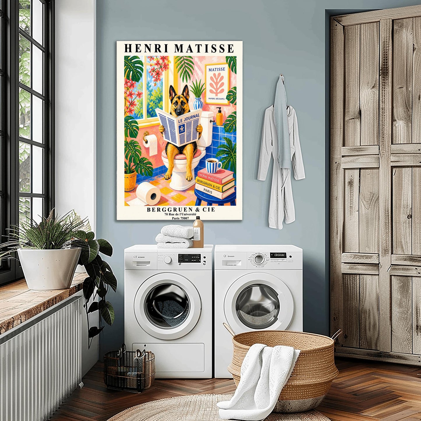 A vertical maximalist art print designed as a Henri Matisse exhibition poster. A tan and black German Shepherd is sitting upright on a white toilet, holding and reading a newspaper titled "Le Journal." The bathroom is vibrantly colored with pink walls, blue wall tiles, and a pink and yellow checkered floor. The room is filled with large green tropical plants and red flowers. A stack of art books and a striped mug sit on a blue stool.