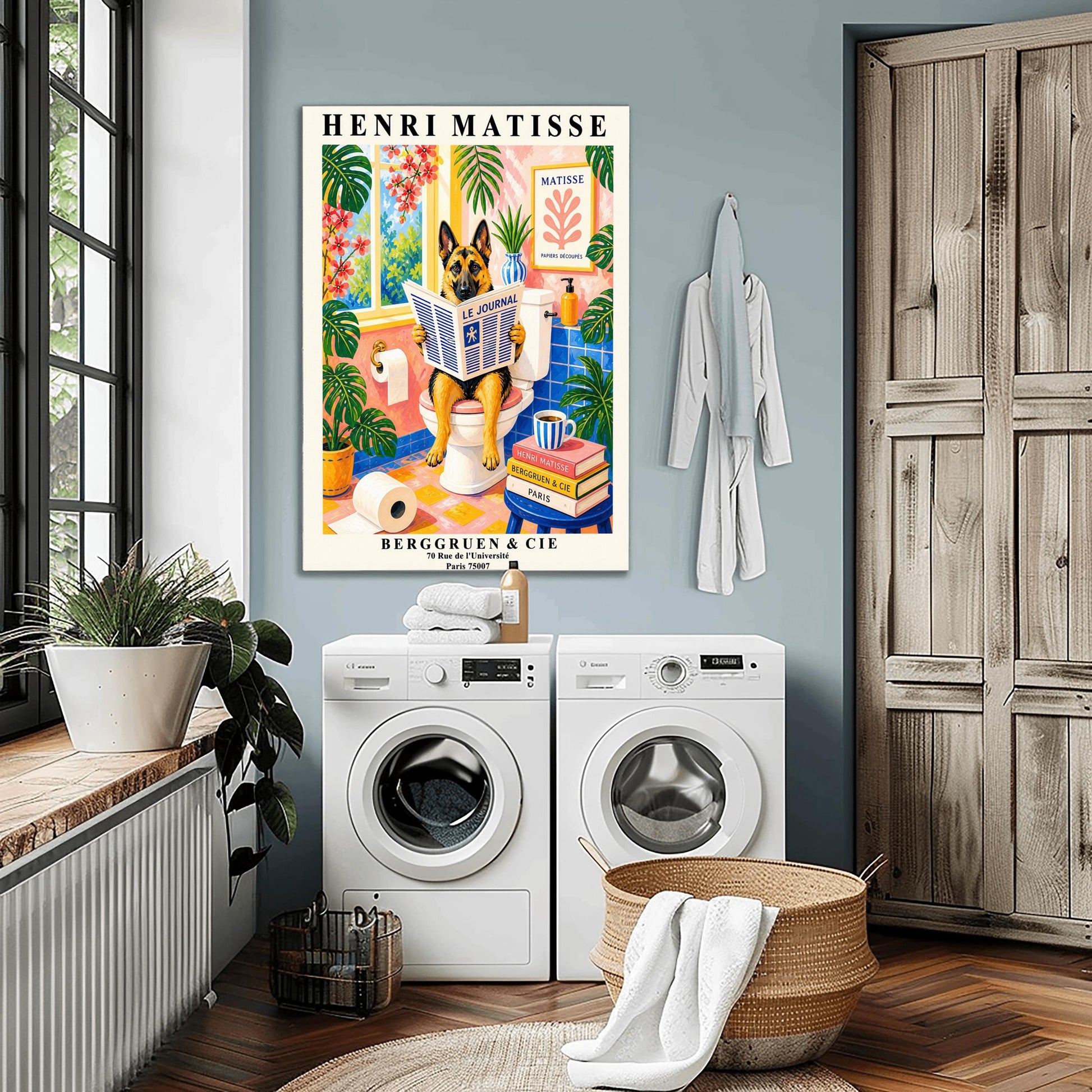 A vertical maximalist art print designed as a Henri Matisse exhibition poster. A tan and black German Shepherd is sitting upright on a white toilet, holding and reading a newspaper titled "Le Journal." The bathroom is vibrantly colored with pink walls, blue wall tiles, and a pink and yellow checkered floor. The room is filled with large green tropical plants and red flowers. A stack of art books and a striped mug sit on a blue stool.
