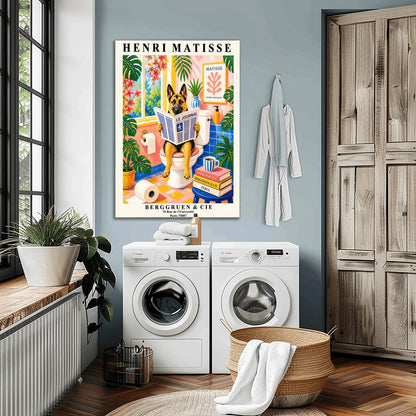 A vertical maximalist art print designed as a Henri Matisse exhibition poster. A tan and black German Shepherd is sitting upright on a white toilet, holding and reading a newspaper titled "Le Journal." The bathroom is vibrantly colored with pink walls, blue wall tiles, and a pink and yellow checkered floor. The room is filled with large green tropical plants and red flowers. A stack of art books and a striped mug sit on a blue stool.