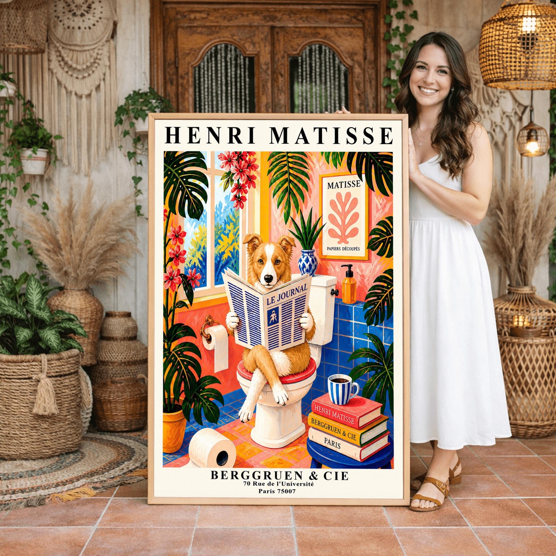 A vertical retro French exhibition poster styled after Henri Matisse with a wide ivory border. The central image shows a vibrant, colorful bathroom illustration. A fluffy ginger-and-white border collie dog sits on a white toilet, holding and reading a newspaper titled "LE JOURNAL". The bathroom features cobalt blue floor and wall tiles, bright pink walls, and large green monstera plants.
