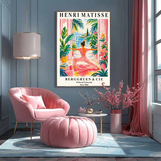 A vertical museum-style exhibition poster with a cream border featuring text for an Henri Matisse exhibition at Berggruen & Cie in Paris,. The colorful central illustration depicts a woman from behind practicing a yoga pose on a pink mat on a terrace. She is framed by open pink shutters and lush green potted plants. Through the open doors is a scenic view of a bright blue sea with sailboats, a coastal hill town, and green palm trees under a sunny sky.