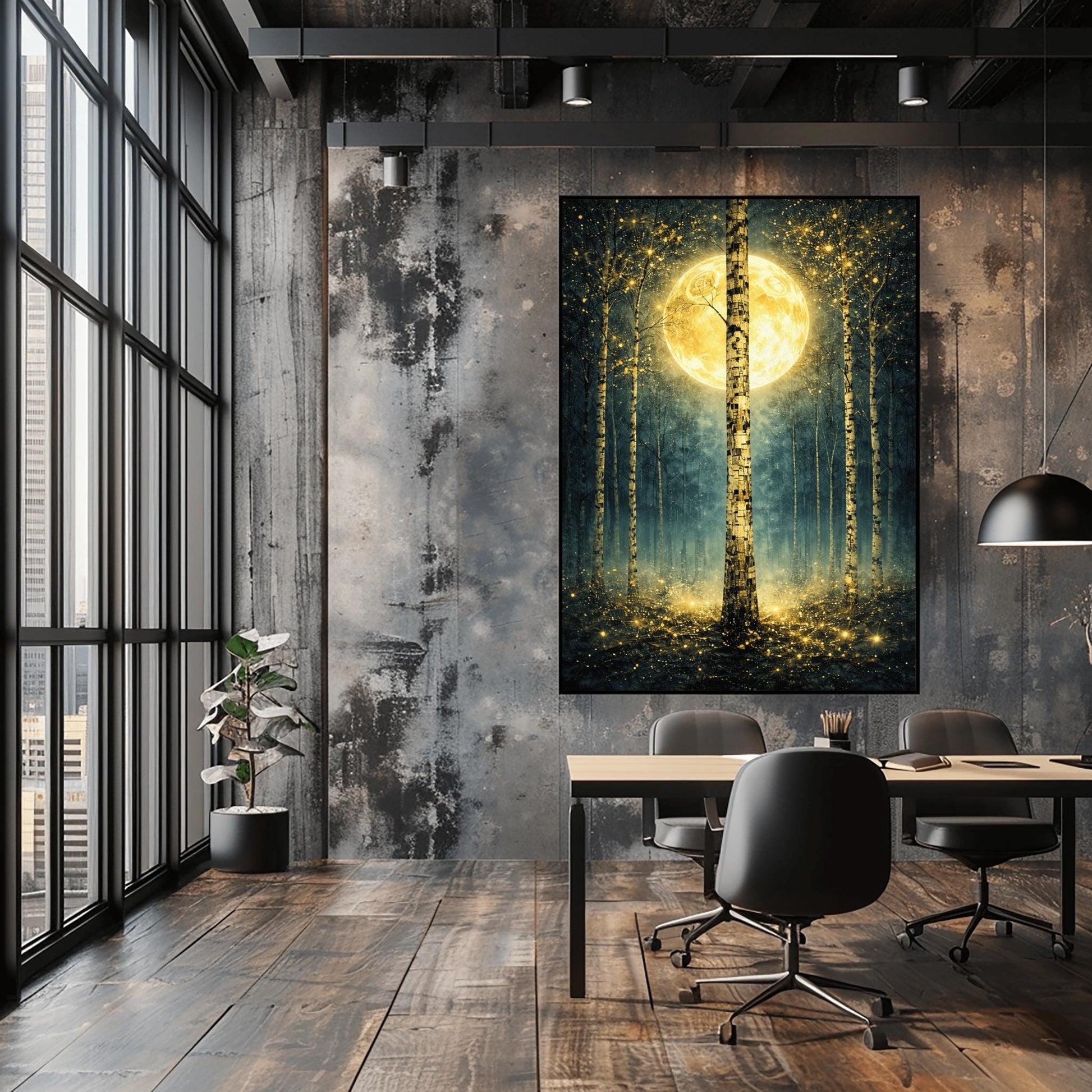 A vertical Art Nouveau-style illustration of a birch forest at night. A large golden moon hangs behind a central birch tree. The forest is filled with teal mist and shimmering golden stardust. The trees have intricate, mosaic-like textures on their bark.