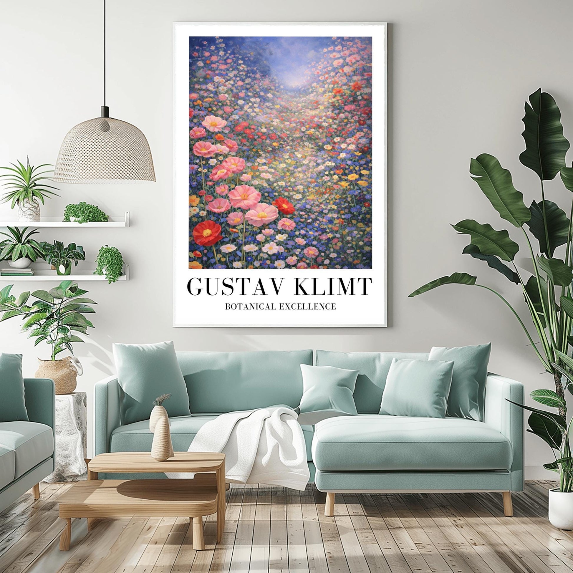 A vertical fine art landscape in the style of Gustav Klimt. A vast valley is filled with a dense sea of pink, red, blue, and white wildflowers. Large pink poppies are in the foreground, and the field stretches back to a hazy, sun-drenched horizon under a soft blue sky.