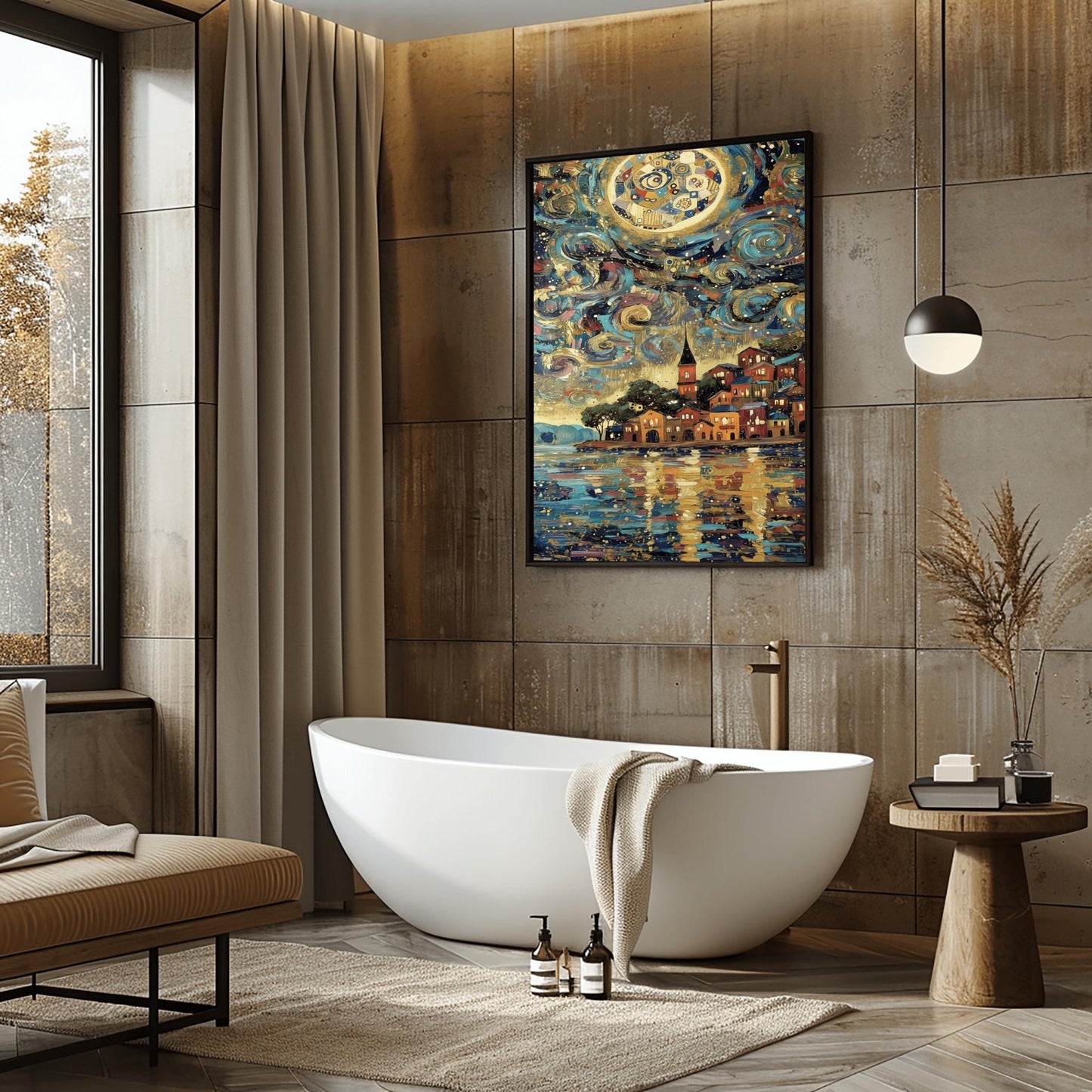 A vertical fine art print in the style of Gustav Klimt. A colorful Mediterranean village with red and orange houses sits on a harbor. The sky above is filled with thick, swirling teal and blue clouds and a large, mosaic-patterned golden moon. The water in the foreground reflects the warm lights of the village and the sky.