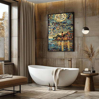 A vertical fine art print in the style of Gustav Klimt. A colorful Mediterranean village with red and orange houses sits on a harbor. The sky above is filled with thick, swirling teal and blue clouds and a large, mosaic-patterned golden moon. The water in the foreground reflects the warm lights of the village and the sky.