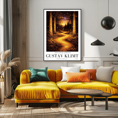 A vertical exhibition poster for Gustav Klimt. A glowing golden path winds through a dark, moody forest at night. Ornate trees with golden mosaic patterns frame the scene. Below the art, bold black text reads "GUSTAV KLIMT" and "20th Century Exhibition."