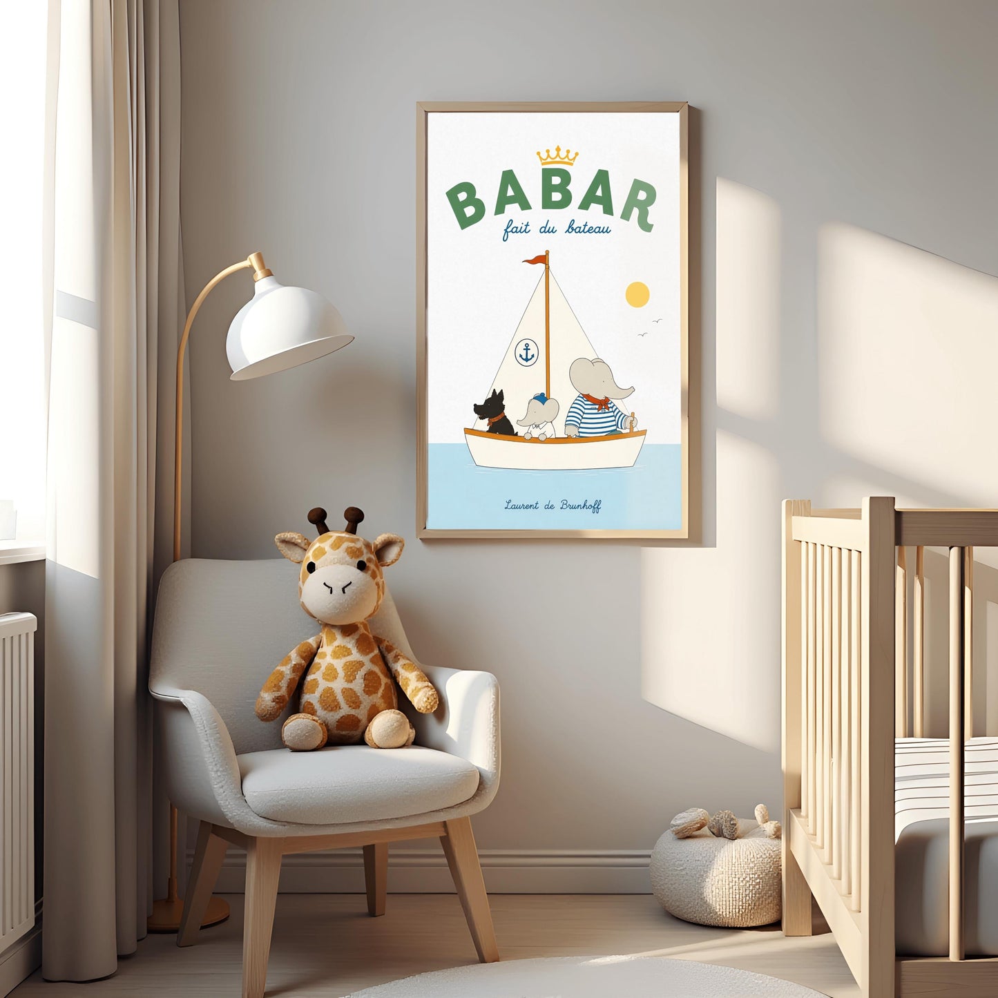 A vertical storybook-style art print of Babar the Elephant sailing a boat against a white background. Babar, wearing a blue and white striped shirt and a red neckerchief, sits in a white boat with a smaller elephant and a black dog. The sailboat has a white sail with a blue anchor logo and a red flag on top. A yellow sun and two small birds are in the sky. The top reads "BABAR fait du bateau" with a gold crown.