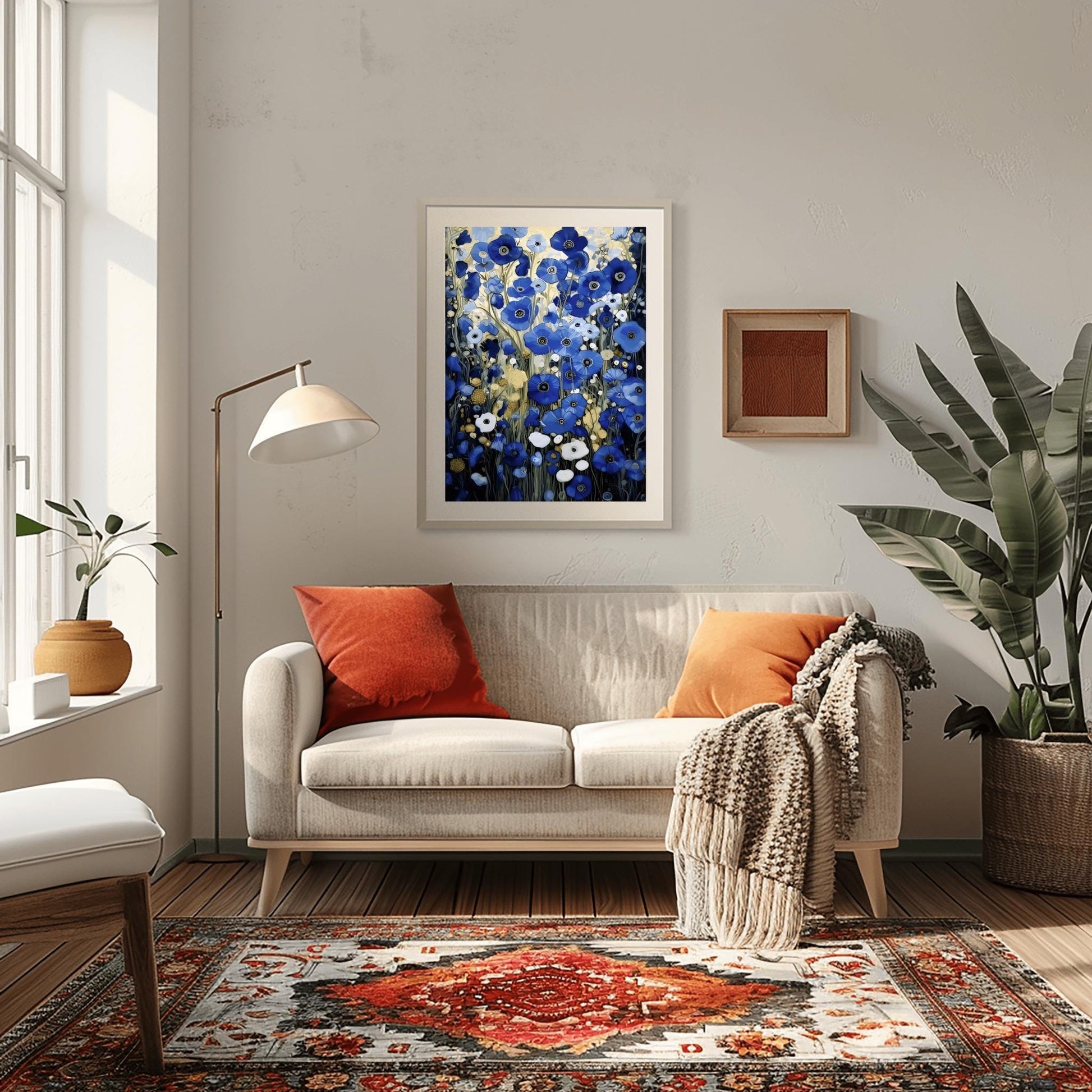 A vertical, highly detailed oil painting in the style of Gustav Klimt. The image is filled with a dense field of blue poppies in shades of cobalt, navy, and light blue. The flowers have dark centers and are surrounded by abstract cream and amber foliage. The brushwork is thick and textured, giving the appearance of a rich mosaic tapestry of flowers.