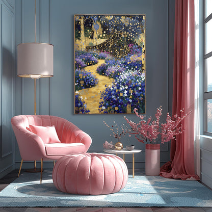 A vertical fine art print in the style of Gustav Klimt. A winding, textured golden path leads through a garden of blue and purple flowers. Stylized trees with golden mosaic patterns on their trunks stand on the sides under a dark blue sky filled with golden circles and star-like shapes.