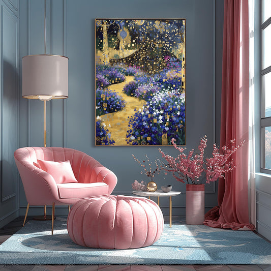 A vertical fine art print in the style of Gustav Klimt. A winding, textured golden path leads through a garden of blue and purple flowers. Stylized trees with golden mosaic patterns on their trunks stand on the sides under a dark blue sky filled with golden circles and star-like shapes.