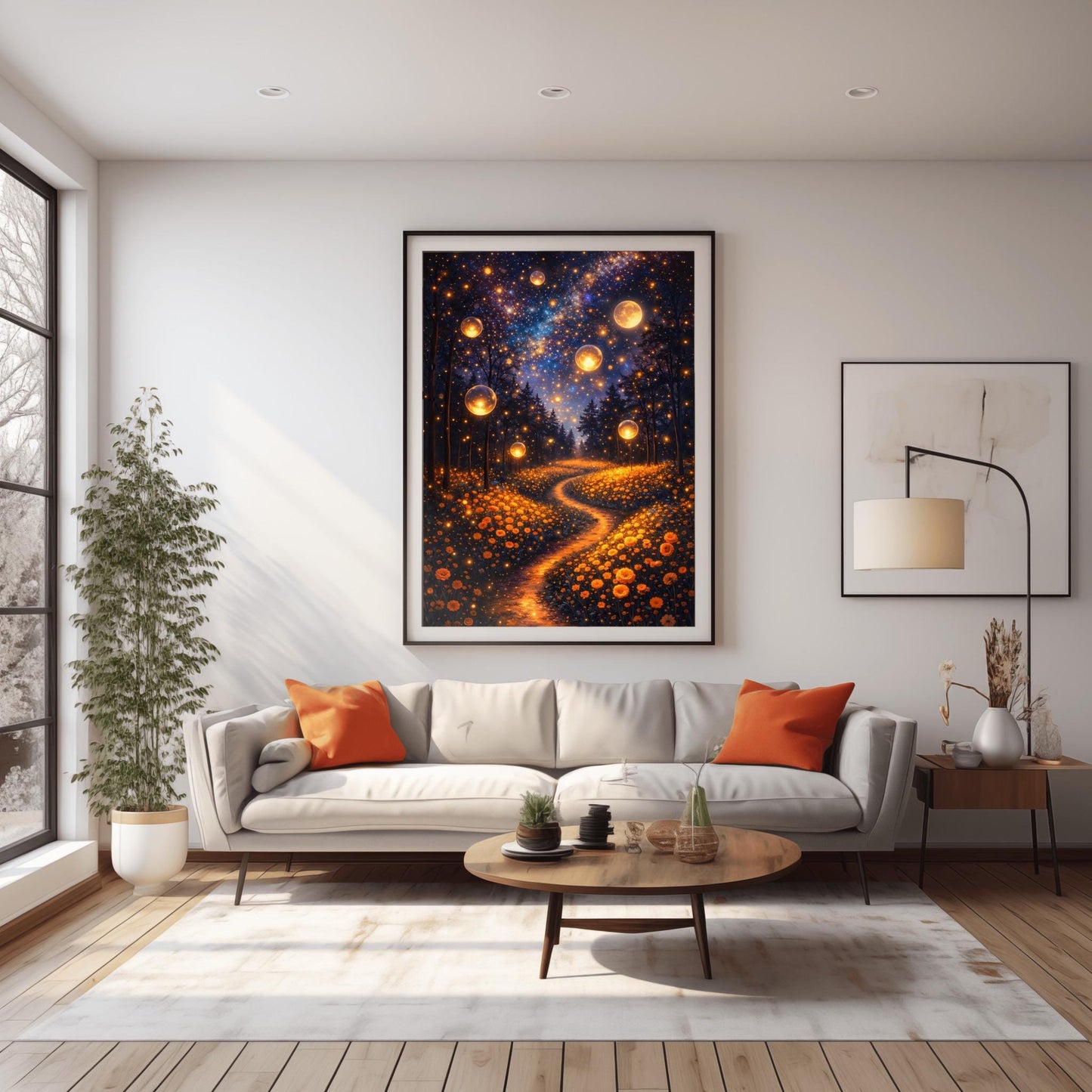 A vertical fine art print in the style of Gustav Klimt. Several large, glowing golden orbs float in a dark forest above a meadow of orange wildflowers. A winding path of golden light leads into the trees. The night sky is filled with a brilliant Milky Way and a large, glowing full moon.