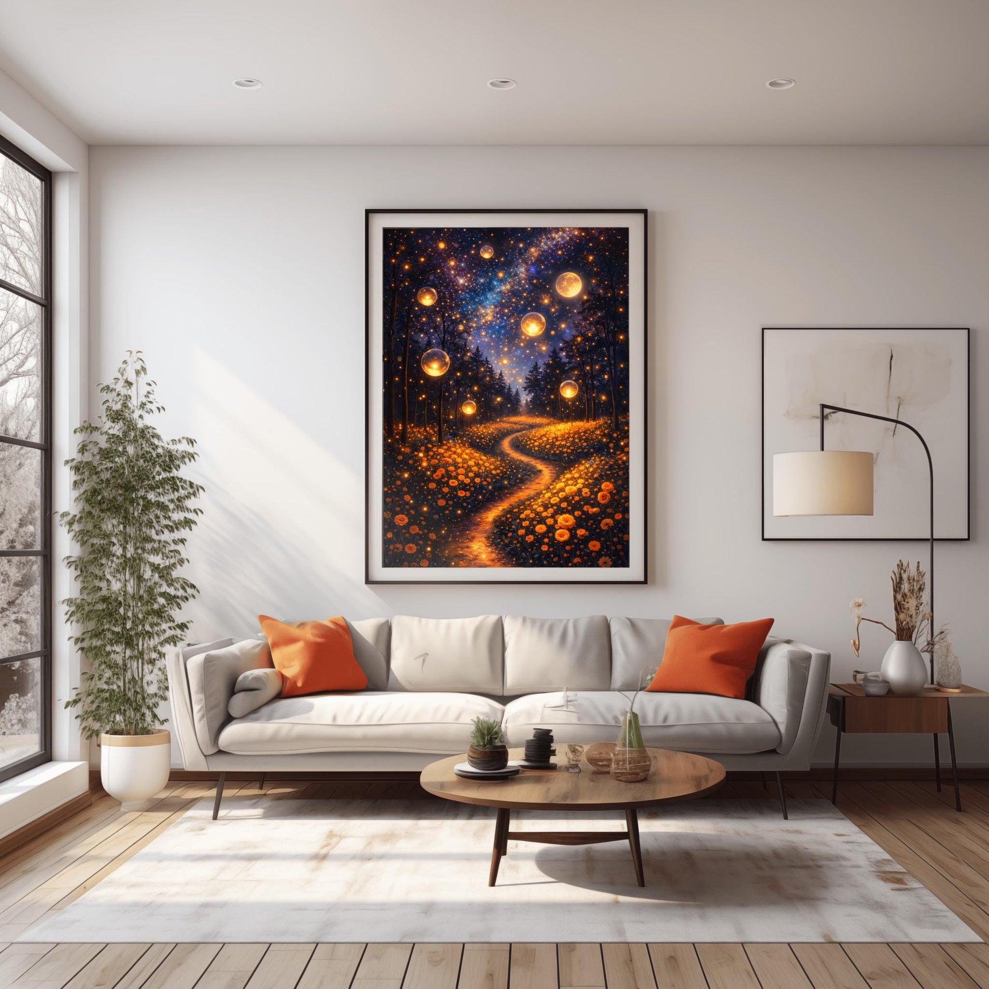 A vertical fine art print in the style of Gustav Klimt. Several large, glowing golden orbs float in a dark forest above a meadow of orange wildflowers. A winding path of golden light leads into the trees. The night sky is filled with a brilliant Milky Way and a large, glowing full moon.