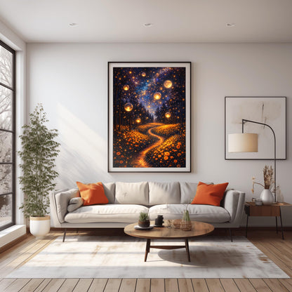 A vertical fine art print in the style of Gustav Klimt. Several large, glowing golden orbs float in a dark forest above a meadow of orange wildflowers. A winding path of golden light leads into the trees. The night sky is filled with a brilliant Milky Way and a large, glowing full moon.