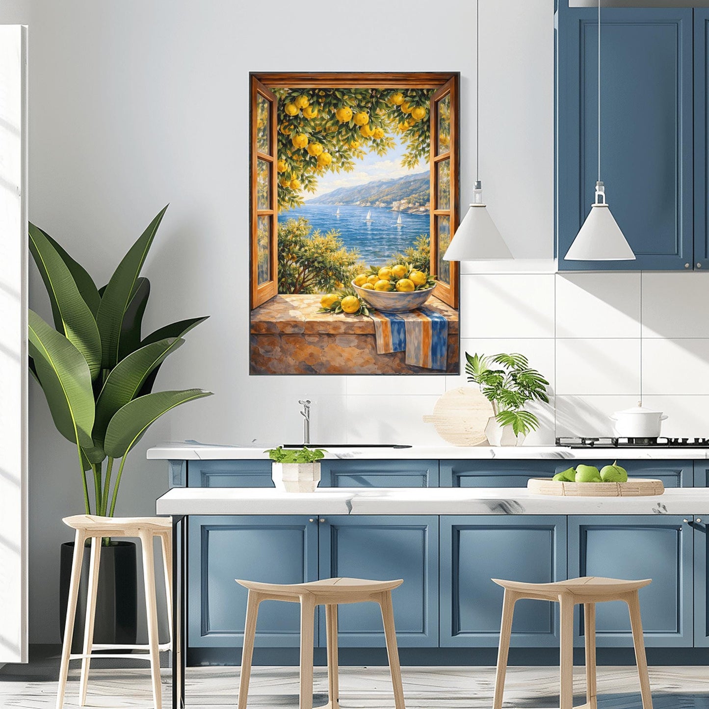 A vertical painterly illustration of an open wooden window looking out at a blue sea with sailboats. On the stone windowsill, a bowl of yellow lemons sits on a striped blue-and-yellow cloth. Lemon tree branches with fruit frame the view from above.
