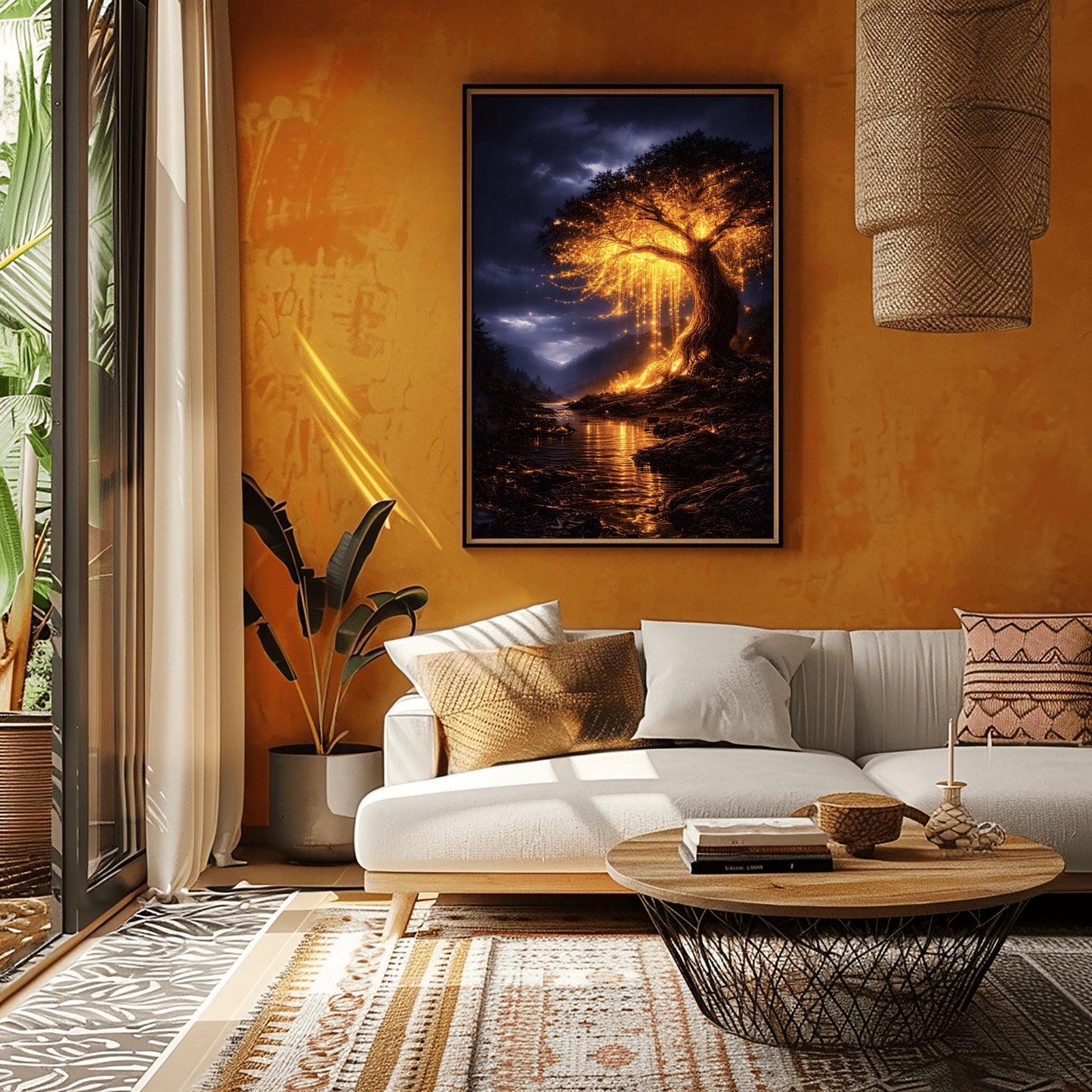 A vertical full-bleed illustration of a large weeping willow tree glowing with golden light in a stormy mountain valley. The tree stands by a dark river reflecting its gold light. The background features dark, rainy mountains and a moody indigo sky in the style of Gustav Klimt.