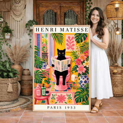 A vertical maximalist art print styled as a Henri Matisse exhibition poster. A sleek black cat with bright yellow eyes sits on a pink toilet, holding and reading a newspaper. The bathroom is filled with vibrant yellow walls, pink and yellow checkered tiles, and lush green monstera plants. A window with blue shutters looks out onto a garden. A pink bath mat and blue floral vases add more color. Bold black text at the top reads "HENRI MATISSE" and at the bottom "PARIS 1953".