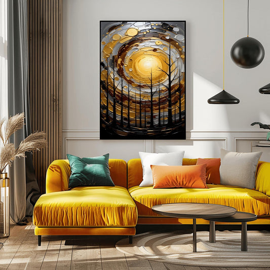 A vertical abstract painting in the style of Gustav Klimt. A group of black, silhouetted tree trunks stand in the foreground against a massive, swirling sun composed of concentric rings of gold, silver, and cream. The background is a dark, moody grey. The style features heavy, thick paint textures and metallic-looking circular accents scattered throughout.
