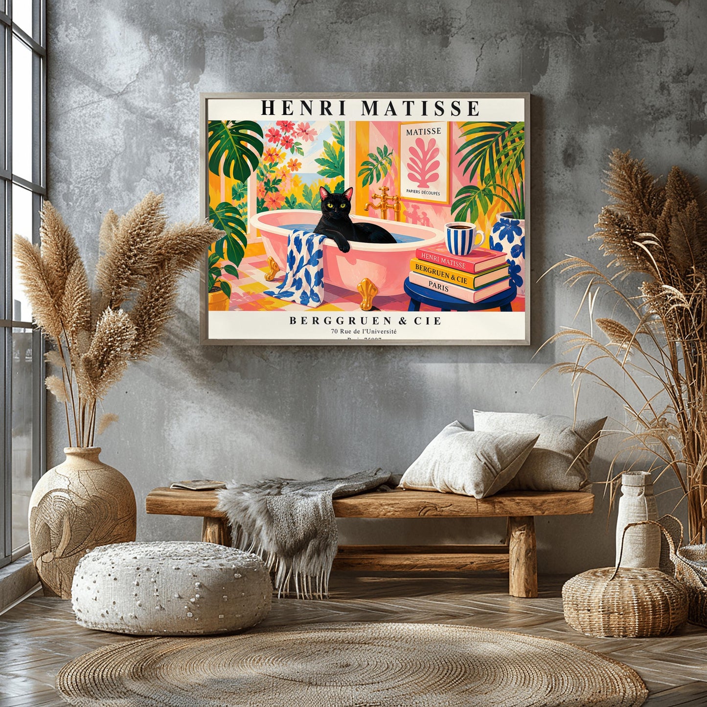 A horizontal art print designed as a Henri Matisse exhibition poster. A sleek black cat sits inside a pink clawfoot bathtub filled with water. The bathroom is vibrant with pink patterned walls, pink and yellow checkered tiles, and numerous large green Monstera plants. Outside the window is a bright garden with pink and orange flowers. A stack of art books and a striped mug sit on a blue stool in the foreground. The poster features bold black text at the top and bottom for "Henri Matisse"